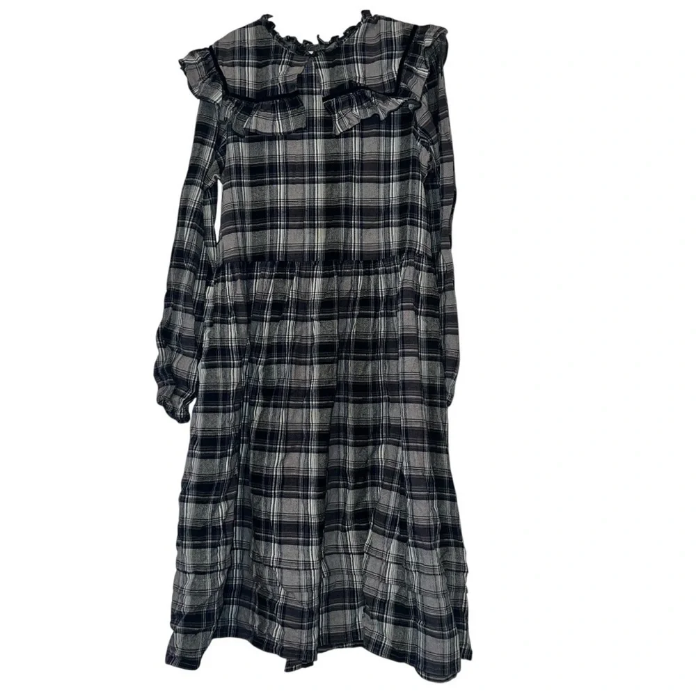 Louisella gray blue Plaid Long Sleeve girls Dress Sz 12 large yoke collar modest - Picture 1 of 3